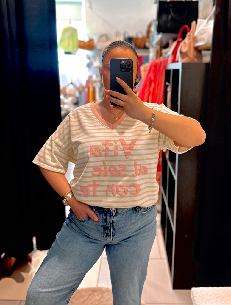 T-shirt matière sweat ligné rose et vert