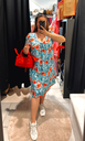 Robe fleurie turquoise et rouge 