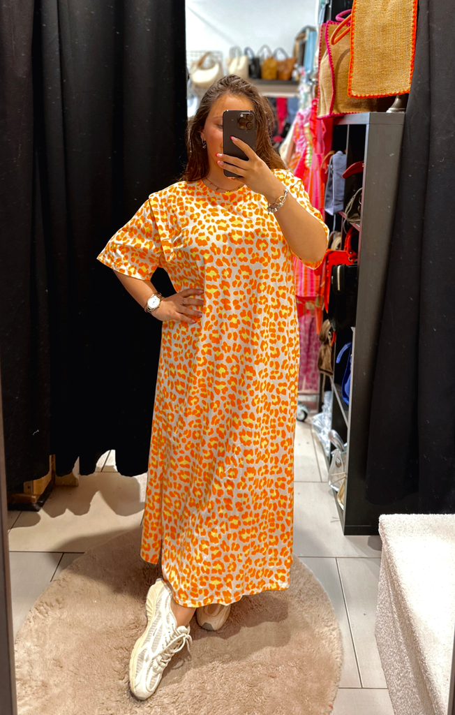 Robe t-shirt léopard orange fluo