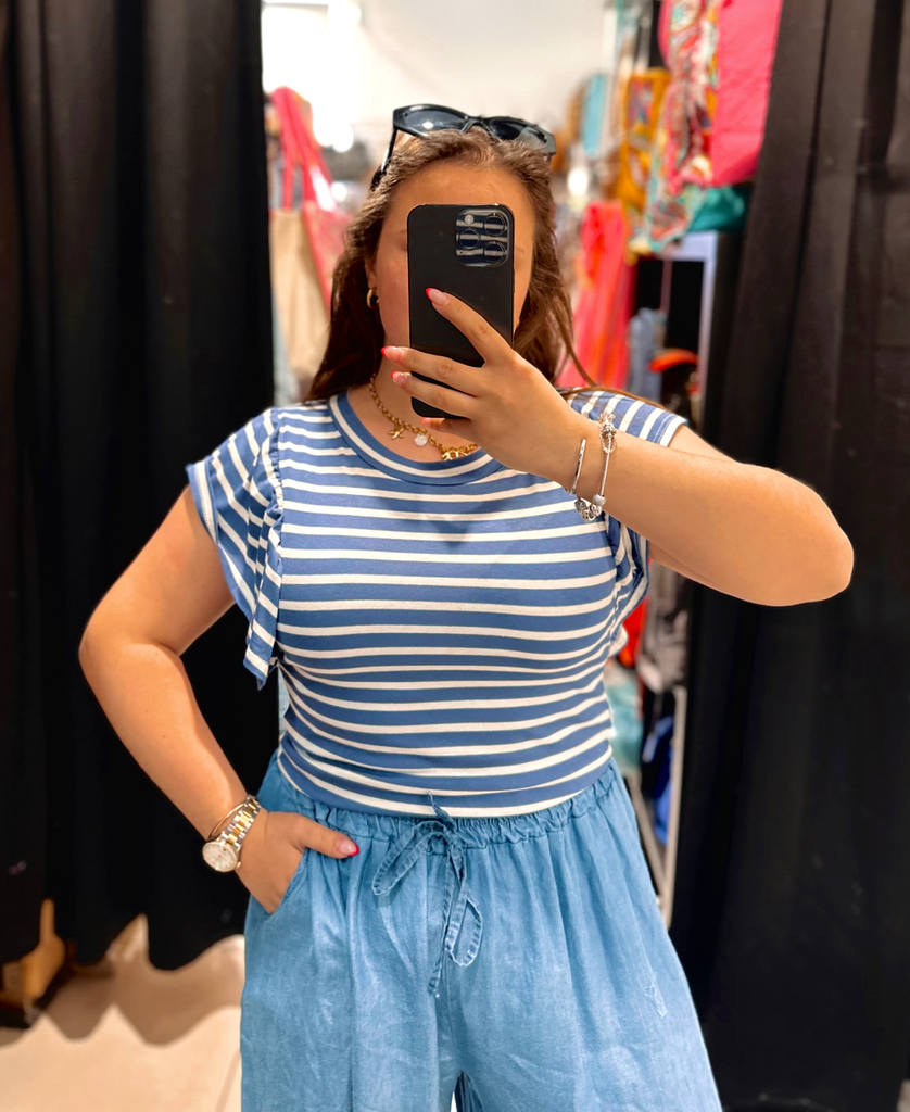 T-shirt ligné bleu jean et blanc 