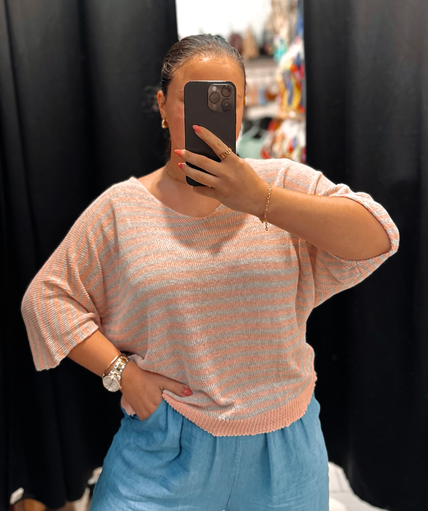 Blouse Régine rose et grise