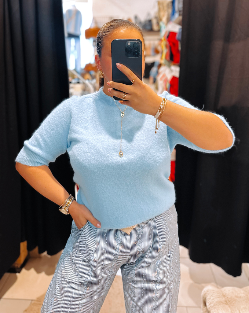 Pull Carmen bleu ciel