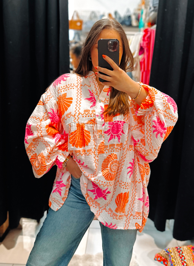 Chemise coquillage gaz de coton rose et orange