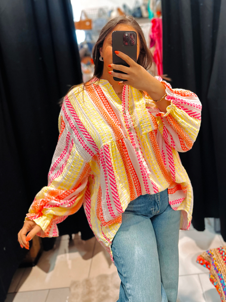 Chemise Gaëlle Gaz de coton blanche, jaune et rose