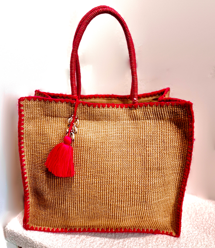 Sac cabas en raphia fushia