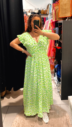 Robe en gaze de coton léopard vert fluo