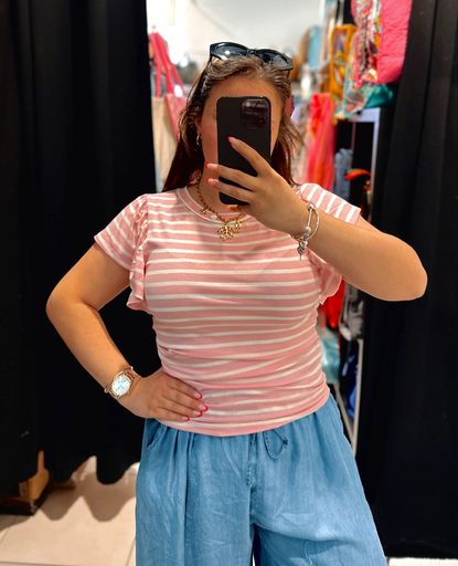 T-shirt ligné rose pâle et blanc 