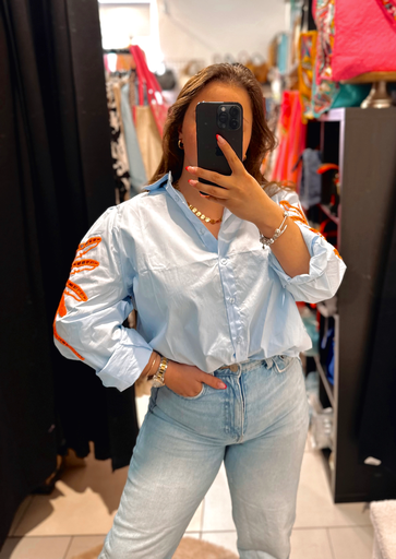 Chemise bleue à palmier orange 