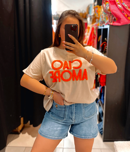 T-shirt Ciao Amore beige et orange 