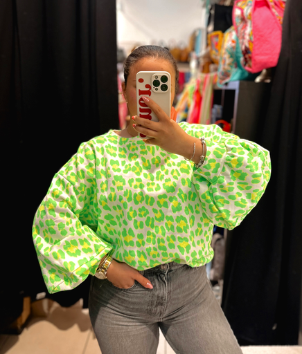 Pull léopard vert fluo