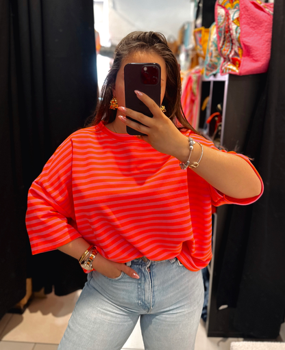 Sweat manches courtes orange et rose