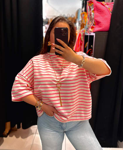 Sweat manches courtes rose et crème 