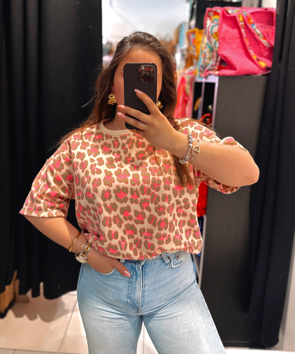 T-shirt léopard rose et beige 